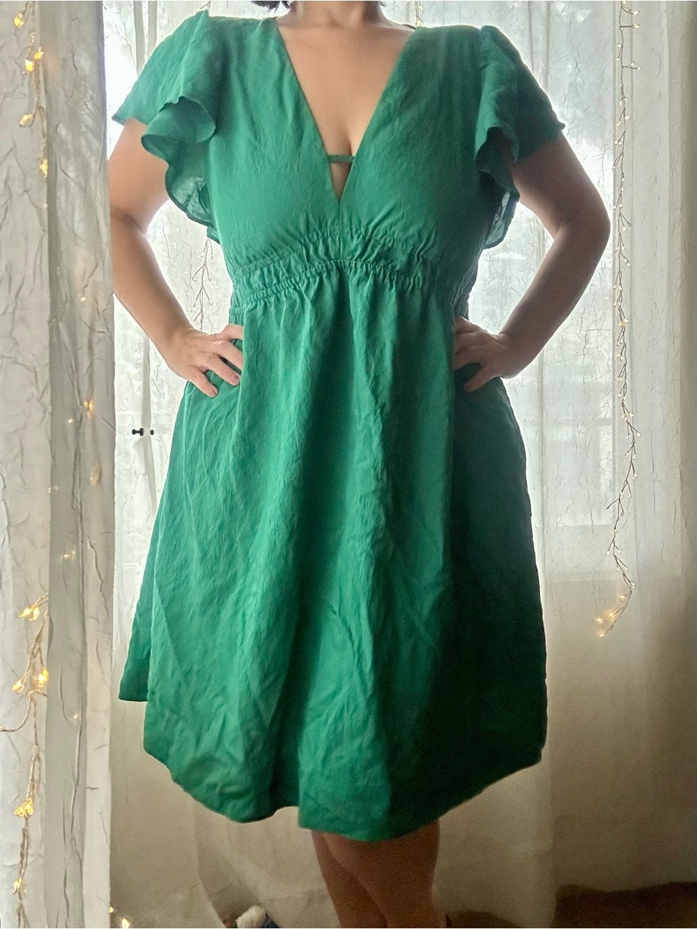 Forest Green V-Neck Flutter Sleeve Dress